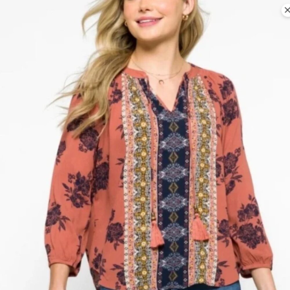 Mason & Belle Rust Black Floral Boho Long Sleeve Blouse XL